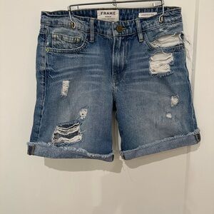 Frame Le Grand Garçon Denim Blue Distressed Jean Shorts